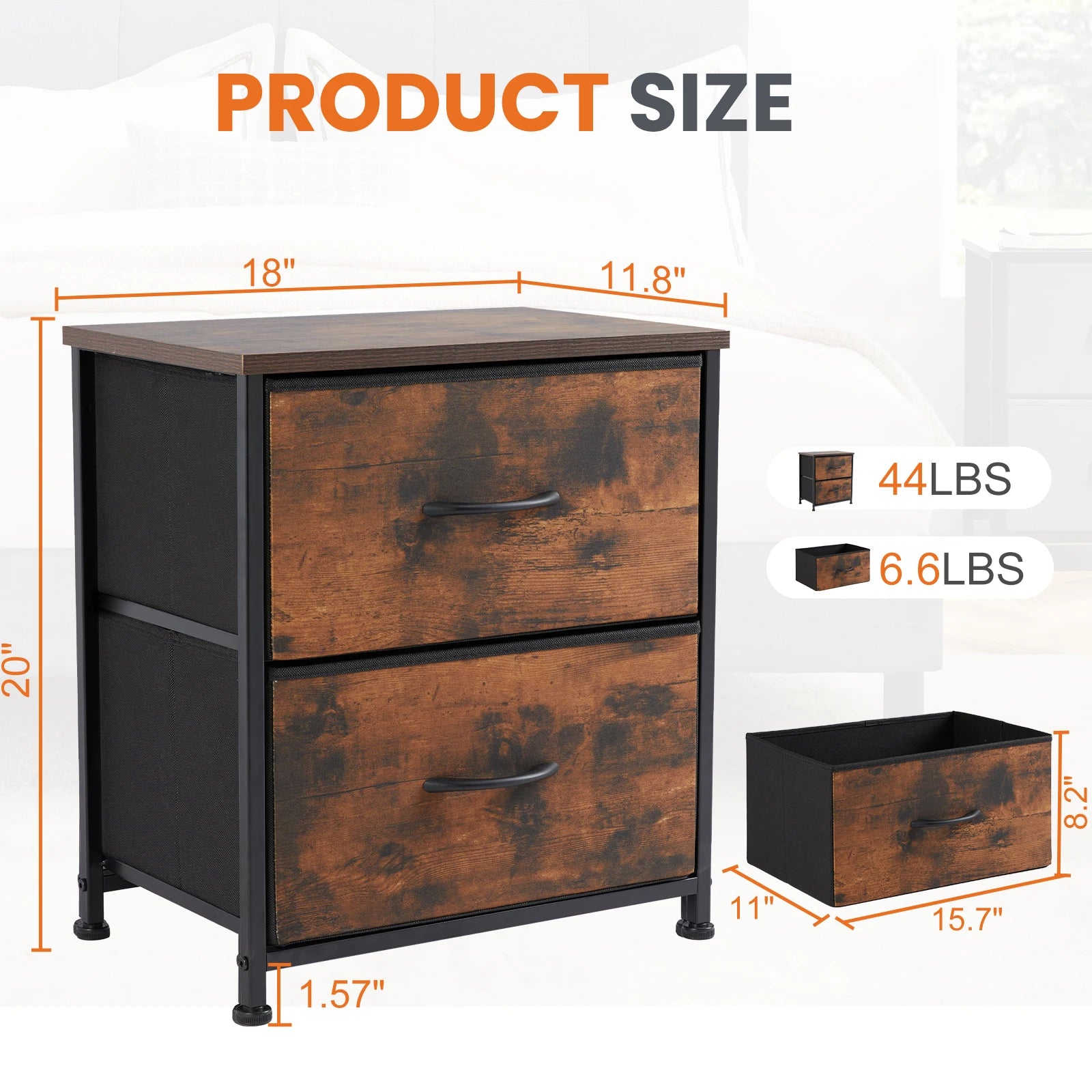 Modern 2-Drawer Nightstand with Fabric Storage Drawers – Bedroom Side Table - 16
