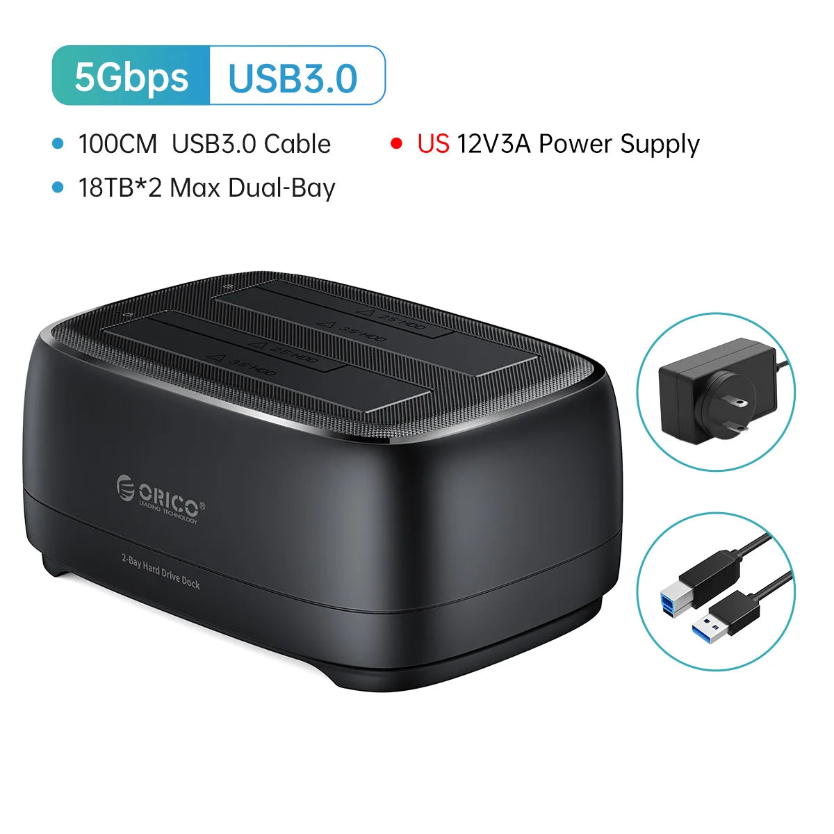 Dual-Bay HDD/SSD Docking Station 36TB USB 3.0 Type-C External Hard Drive Case