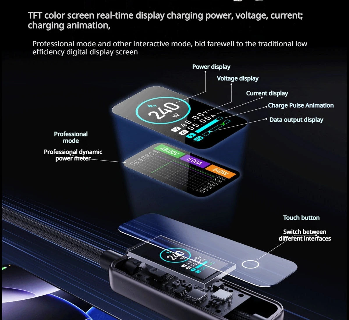 240W USB-C Fast Charging Cable with Real-Time LED Power Display - 11