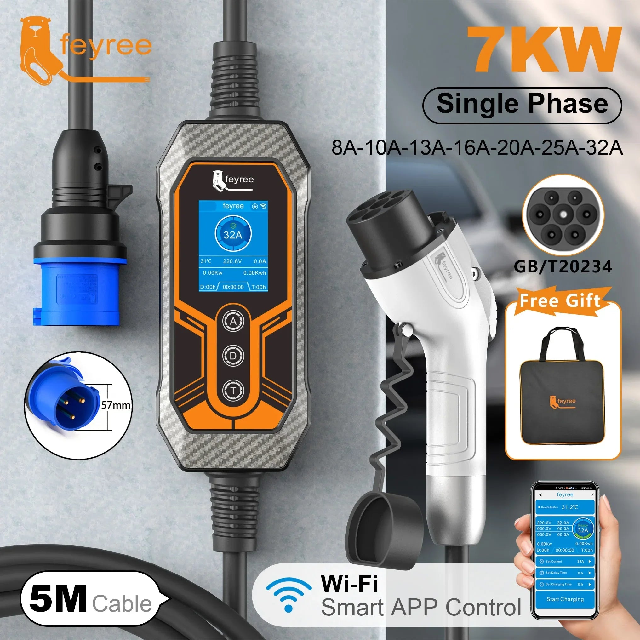 7KW WiFi EV Charger - Smart App Controlled GB/T Portable Charging Cable - 1