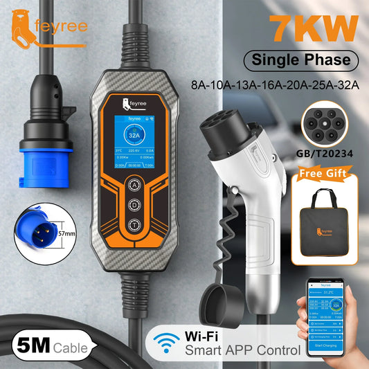 7KW WiFi EV Charger - Smart App Controlled GB/T Portable Charging Cable