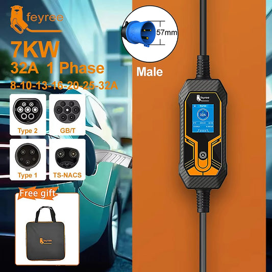 7KW Portable EV Charger Type 2 - Adjustable Current Electric Vehicle Cable