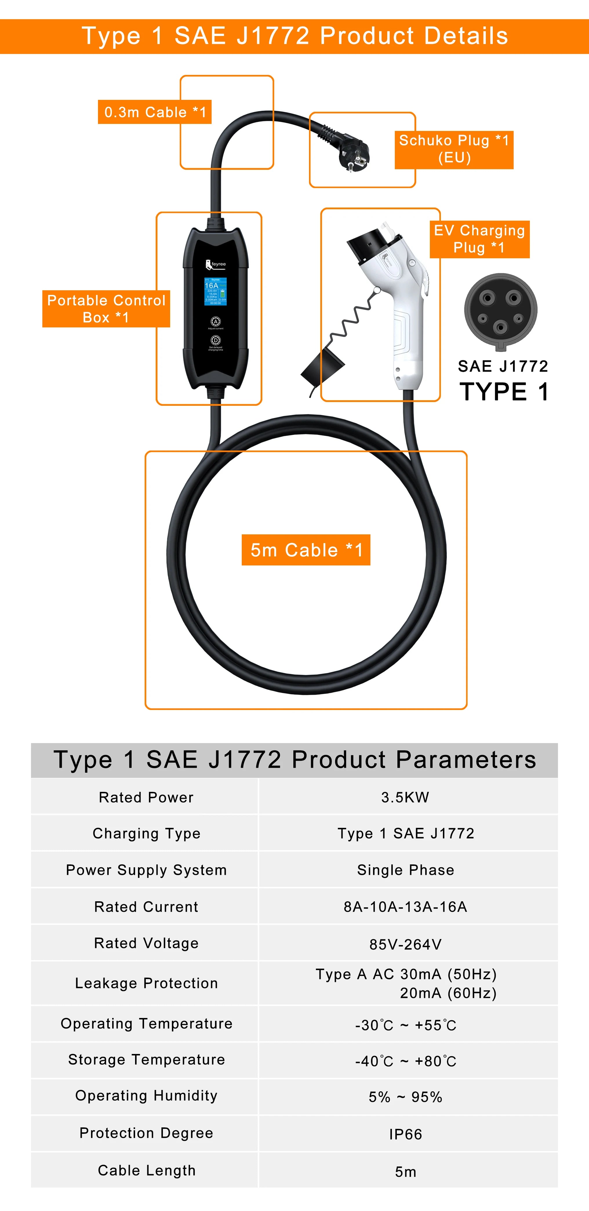 Portable 3.5KW EV Charger - 16A Adjustable Electric Vehicle Charging Cable - 24