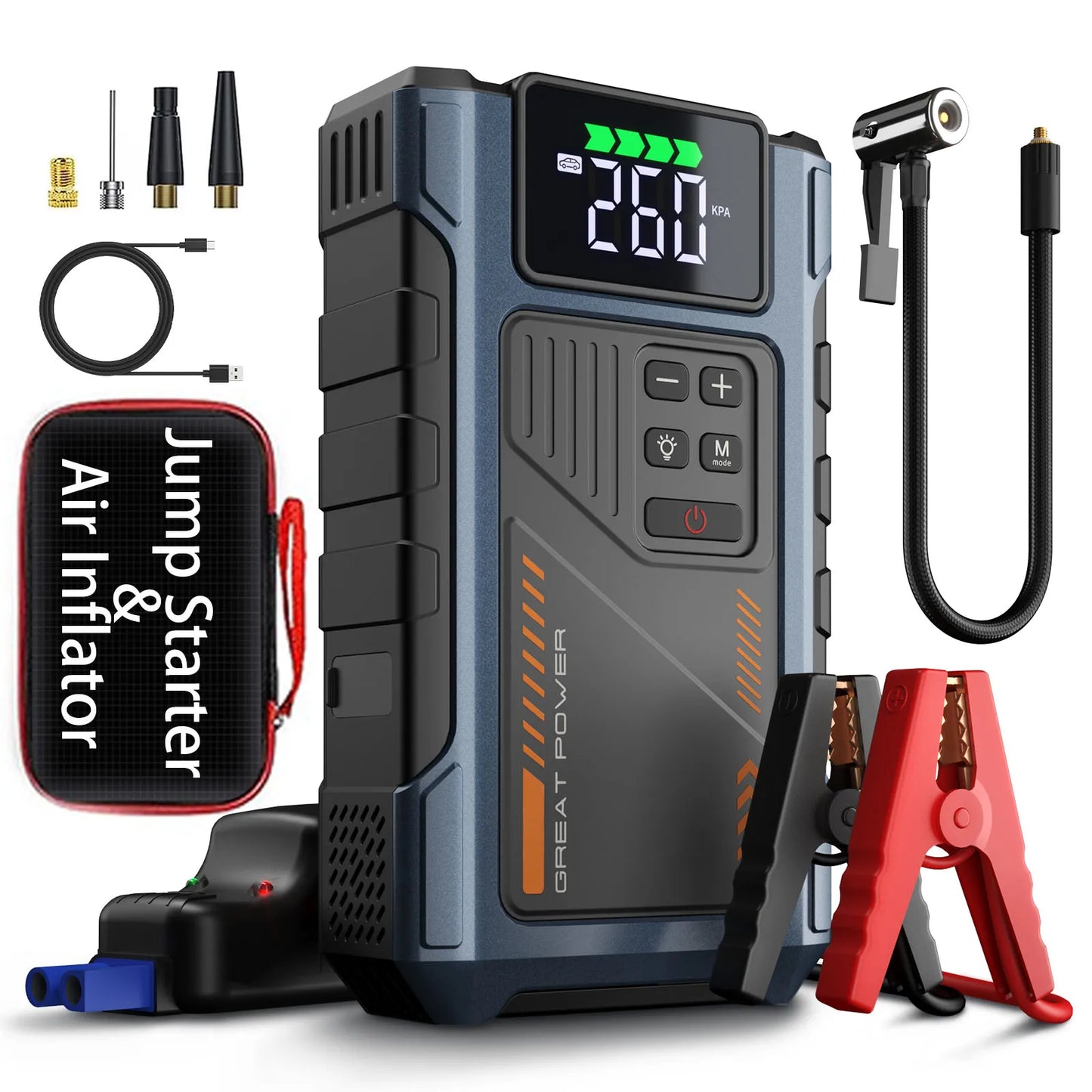 3000A Portable Car Jump Starter with 150PSI Air Compressor & LED Light