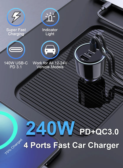 240W 4-Port USB-C Car Charger - PD 3.1 Super Fast Charging Adapter