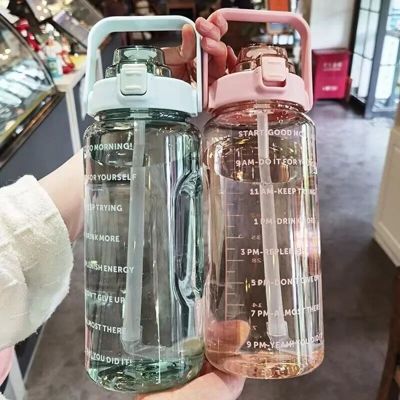2L Large Motivational Water Bottle with Straw & Time Markers for Fitness