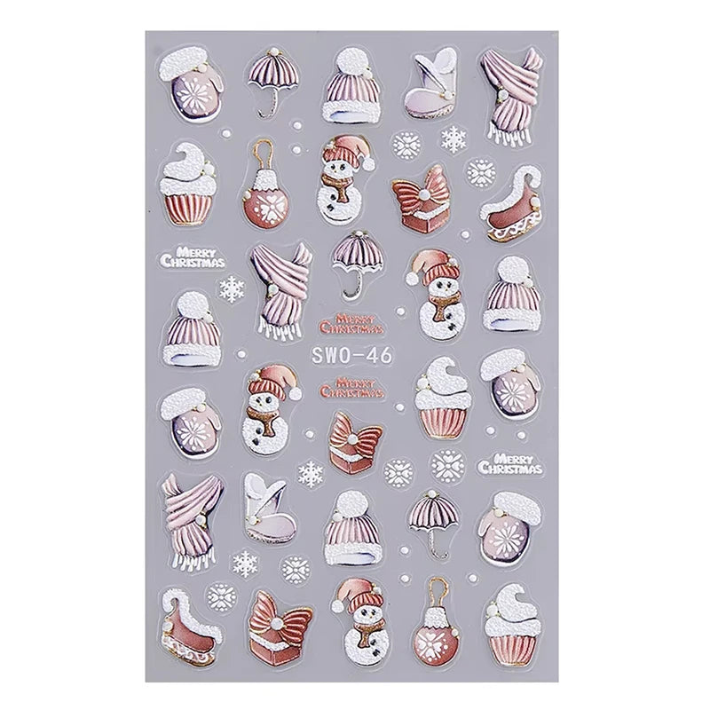 3D Christmas Nail Art Stickers - Festive Snowman & Snowflake Manicure Decals - 25