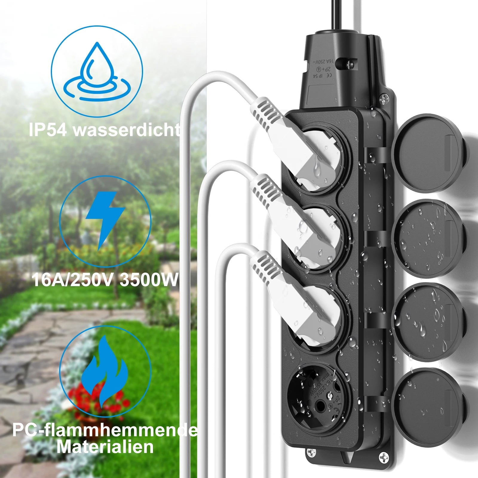 IP54 Waterproof German Standard Outdoor Power Socket - 16A 3500W Extension - 8