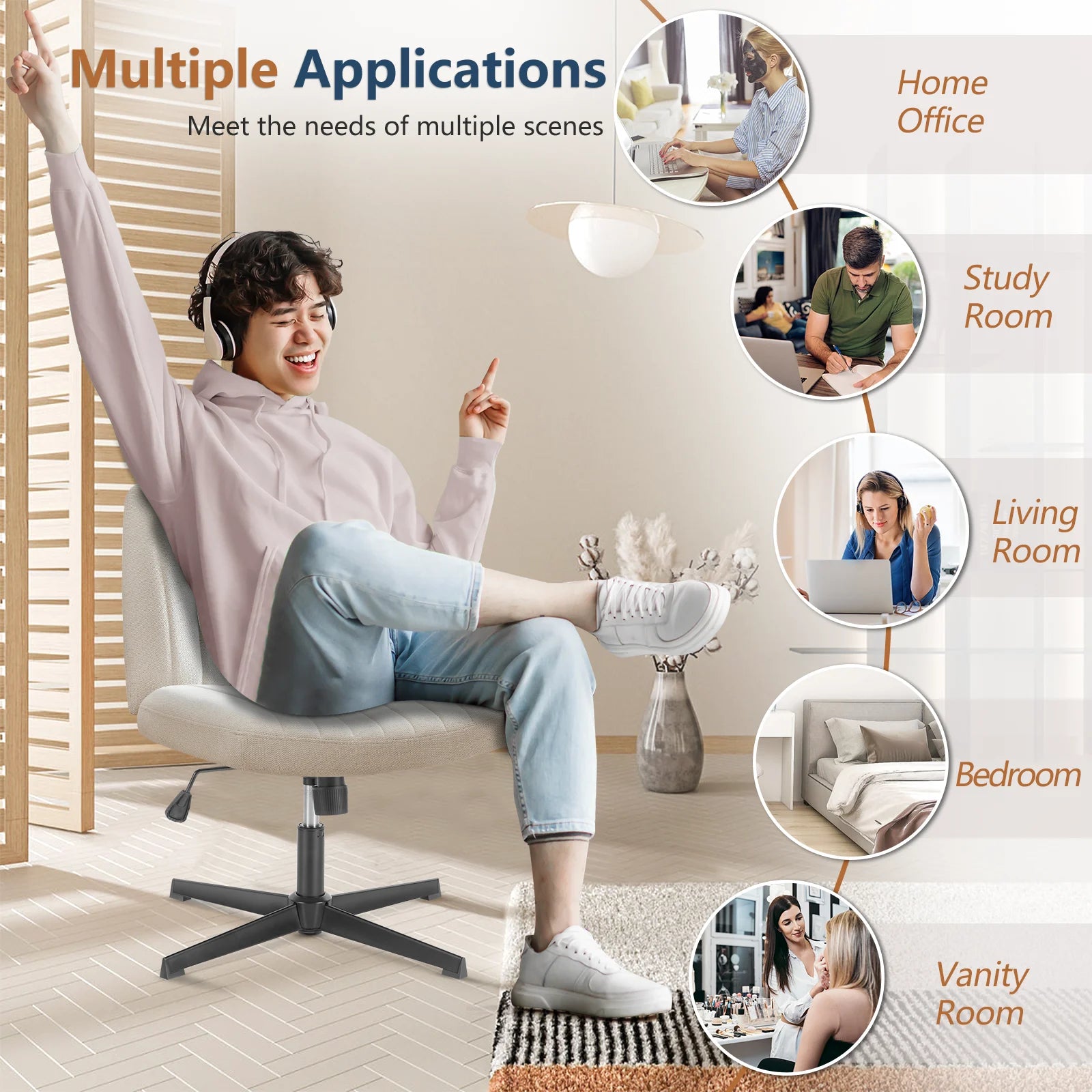Wide Armless Cross-Legged Office Chair - Adjustable Swivel Vanity Desk Chair - 5