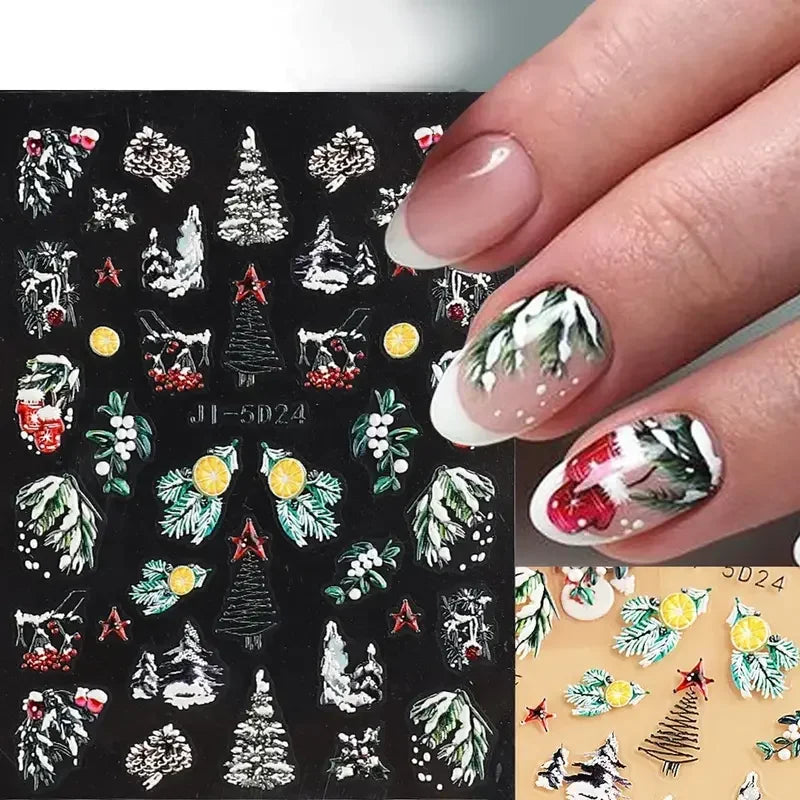 5D Embossed Christmas Nail Art Stickers - Winter Holiday Snowflake & Santa Decals - 6