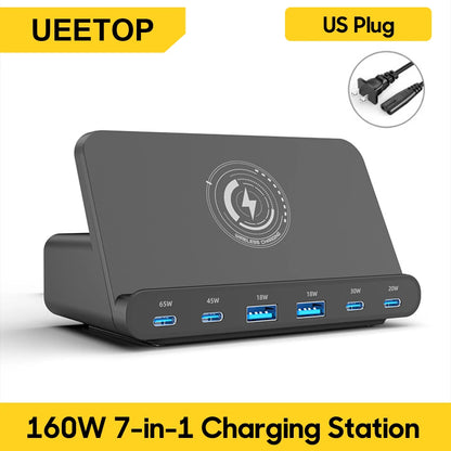 160W GaN Desktop USB Charging Station with 15W Wireless Charger