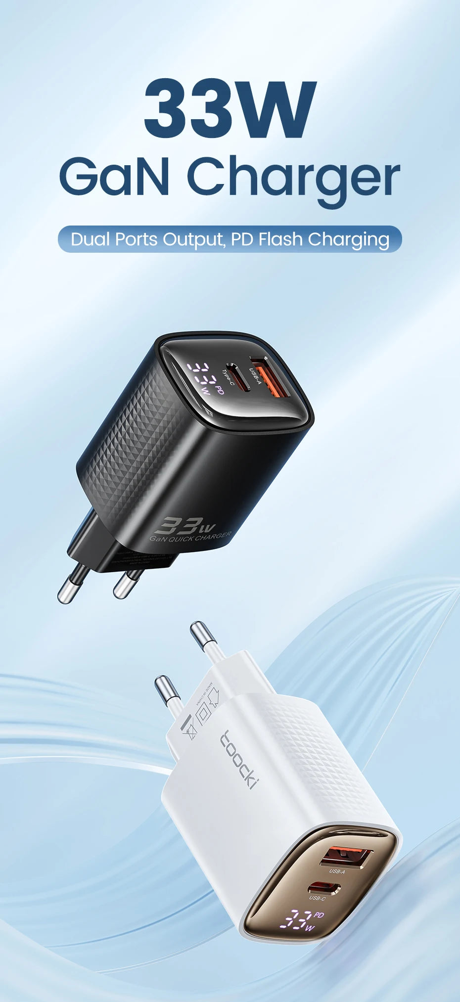 33W GaN Digital Display Fast Charger - USB-C & USB-A Dual Port Power Adapter