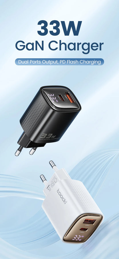 33W GaN Digital Display Fast Charger - USB-C & USB-A Dual Port Power Adapter