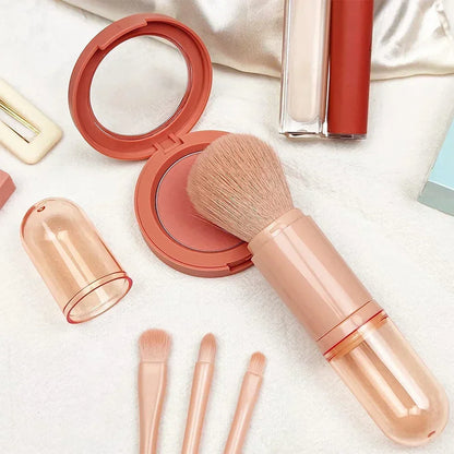 4-in-1 Retractable Travel Makeup Brush Set - Portable Face & Eye Tool Kit