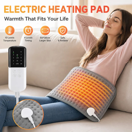 Electric Heating Pad for Pain Relief - 10 Heat Settings & 4 Timer Modes, 30x60cm