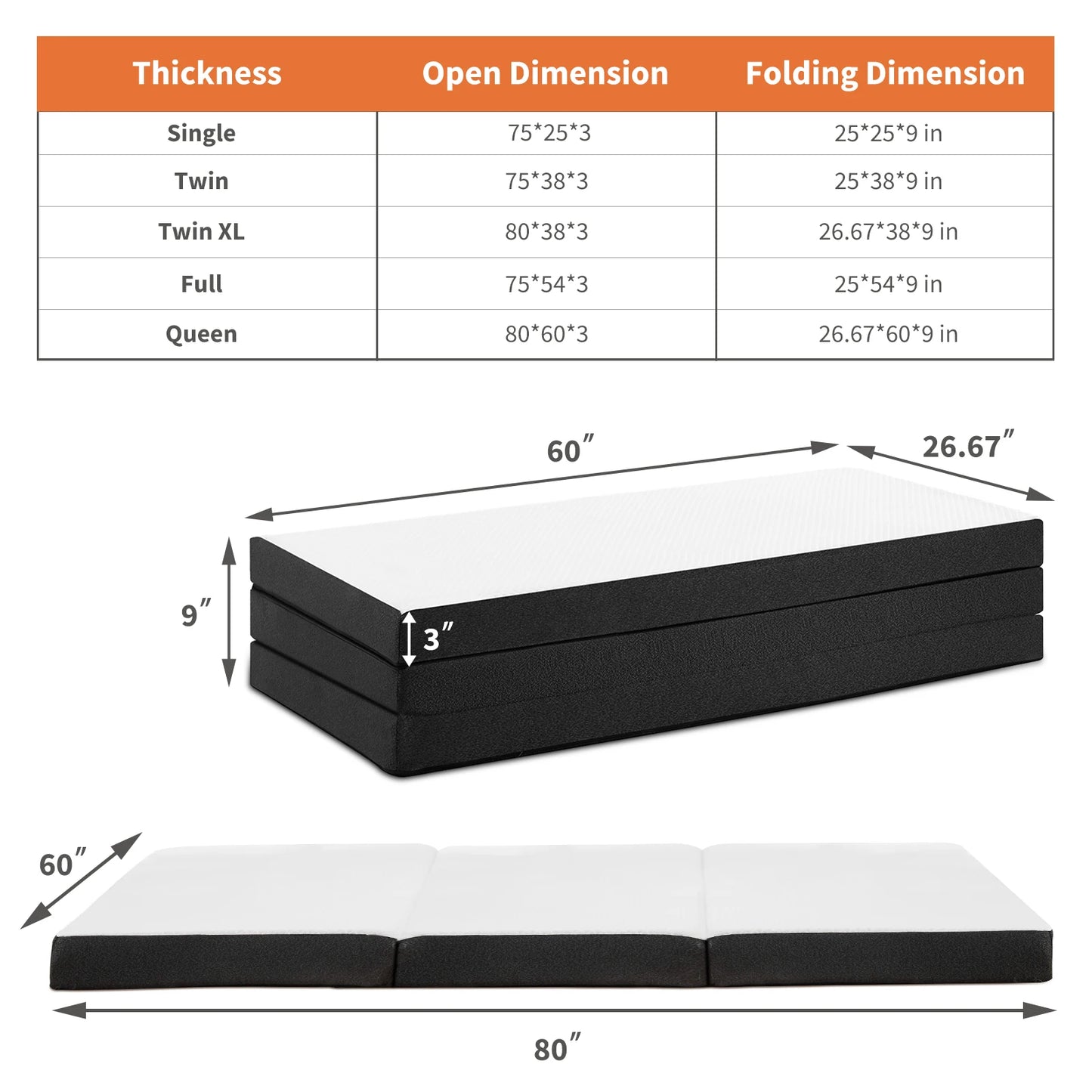 Portable Tri-Fold Memory Foam Mattress - Foldable Floor Bed for Guest & Travel