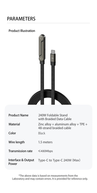 240W Fast Charging Cable with Built-in Foldable Phone Stand