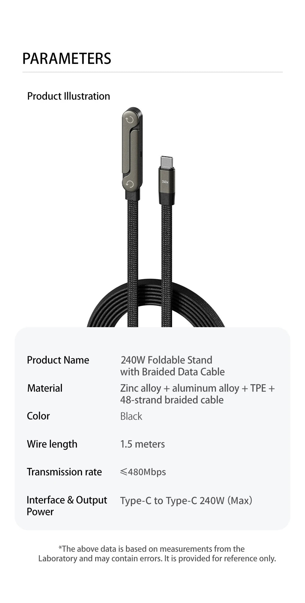 240W USB-C to USB-C Fast Charging Cable with Built-in Desktop Phone Holder - 15