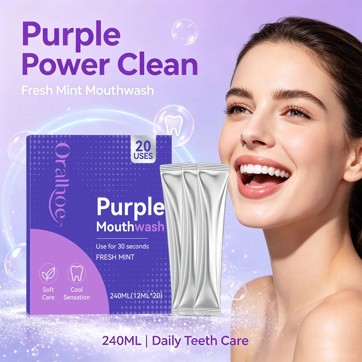 Purple Mint Mouthwash Single-Use Travel Sachets for Fresh Breath & Oral Care
