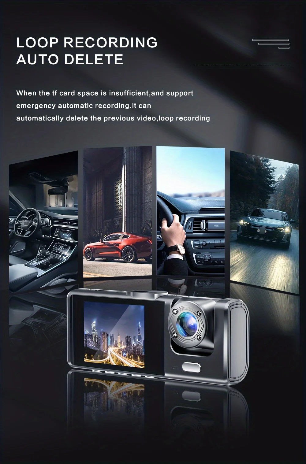 3-Lens 1080P Dash Cam with IR Night Vision, Loop Recording & G-Sensor