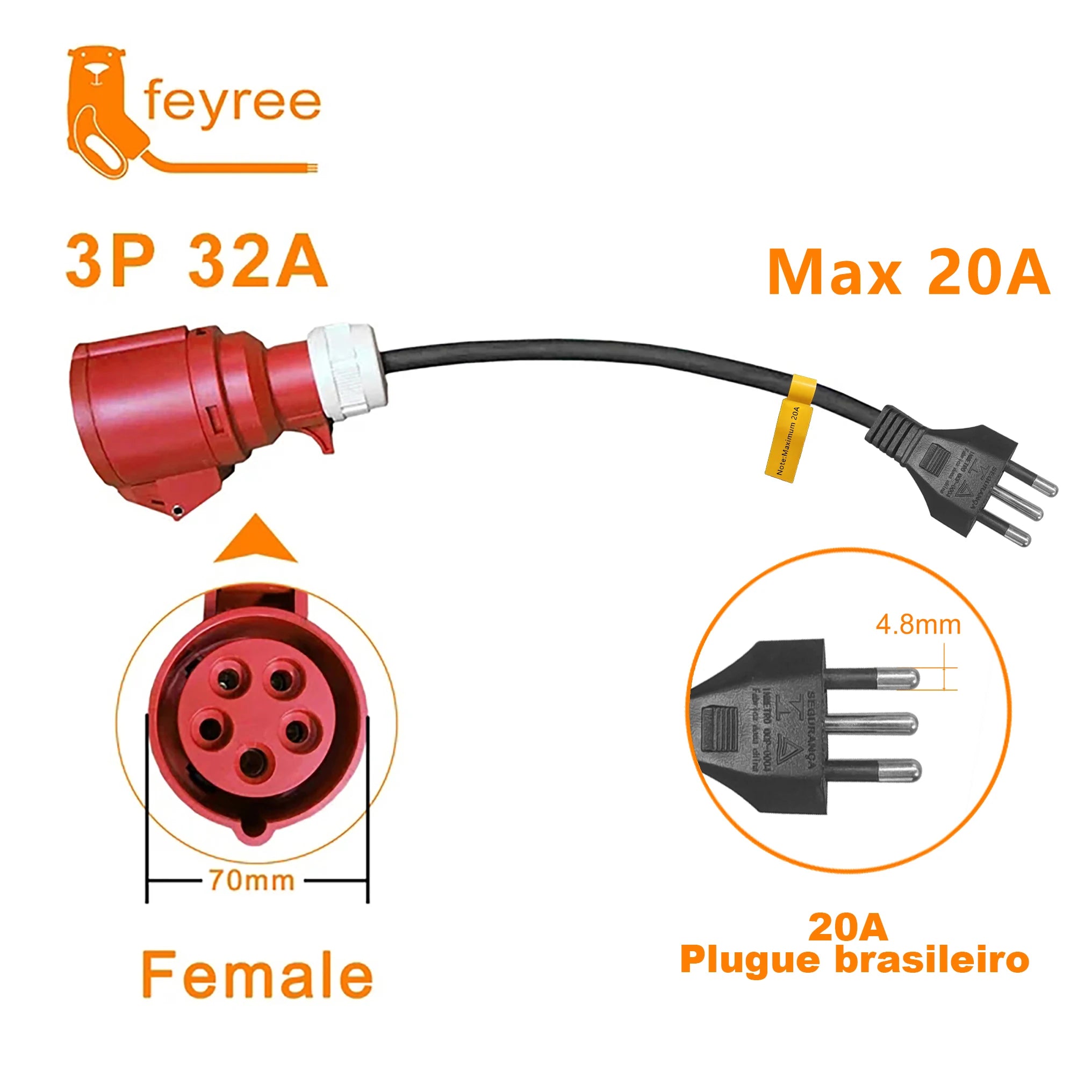 EV Charger CEE Female to Brazil 10A/20A Plug Adapter 7KW Portable Cable - 12