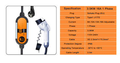 Portable EV Charger Type 1 & 2 - 3.5kW Adjustable Electric Car Charger