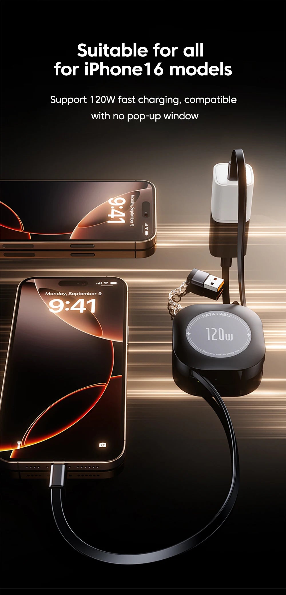 120W Retractable USB-C to USB-C Fast Charging Cable with Adapter