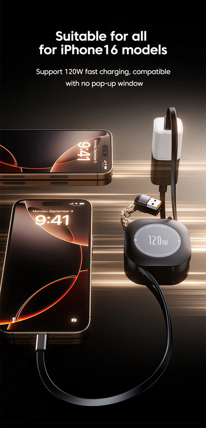 120W Retractable USB-C to USB-C Fast Charging Cable with Adapter