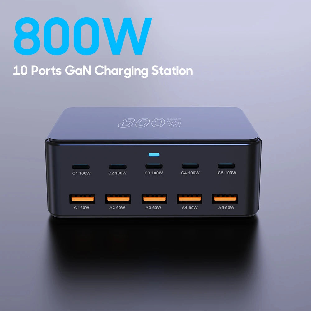 10-Port 800W GaN Desktop Fast Charging Station - 100W USB-C PD Charger