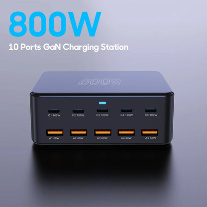 10-Port 800W GaN Desktop Fast Charging Station - 100W USB-C PD Charger