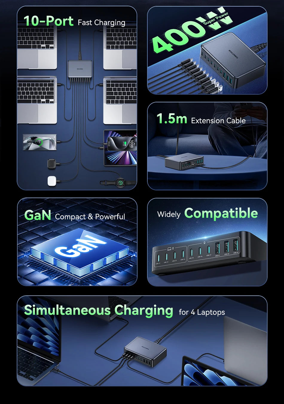 400W 10-in-1 GaN Desktop Charging Station - Fast Multi-Port Power Hub