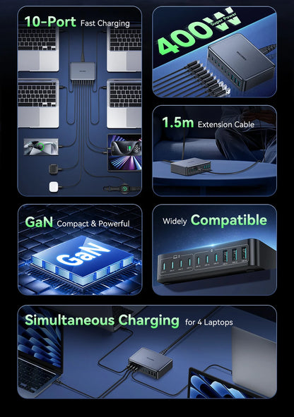 400W 10-in-1 GaN Desktop Charging Station - Fast Multi-Port Power Hub