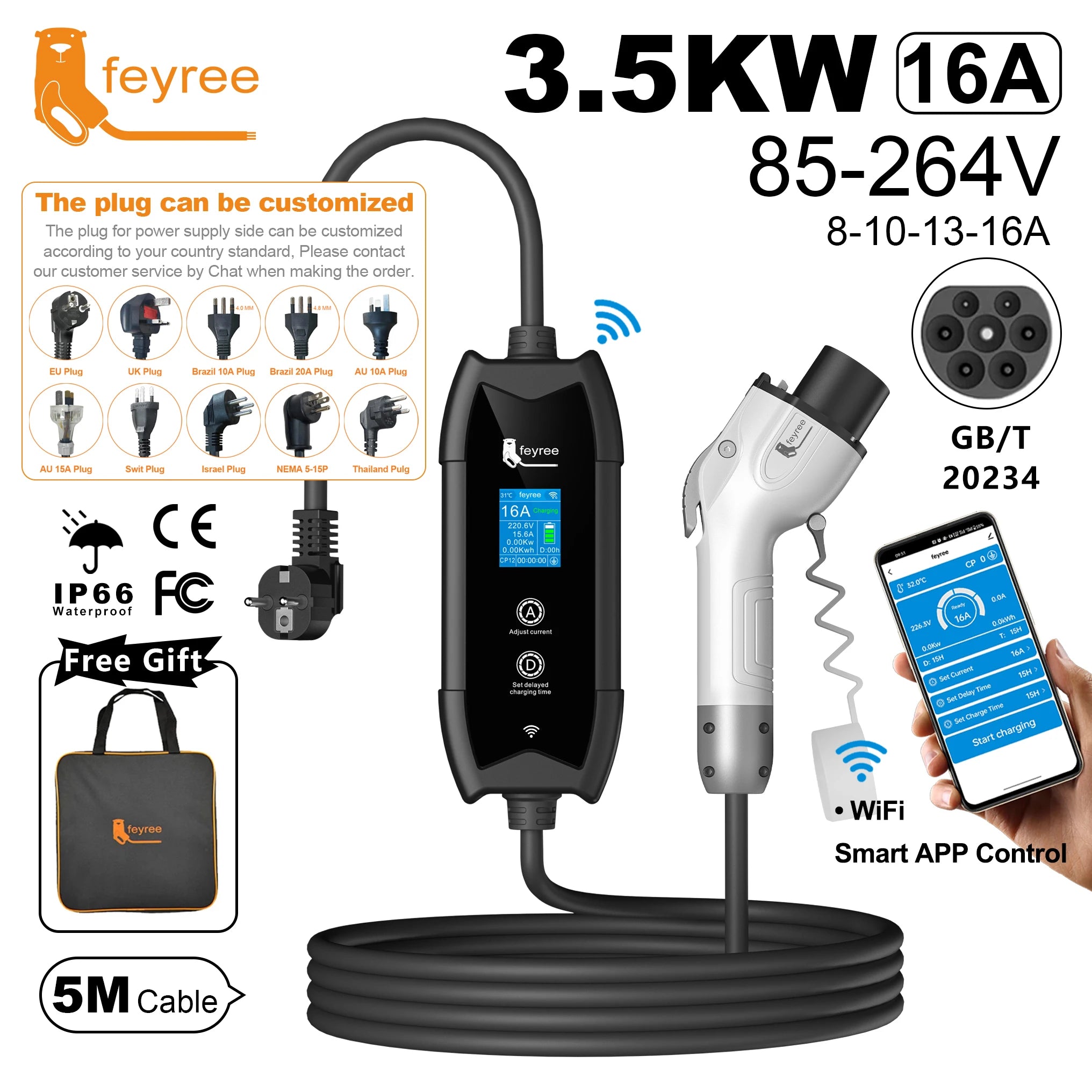 Portable 16A EV Charger with APP Control - 3.5KW Electric Vehicle Cable - 11