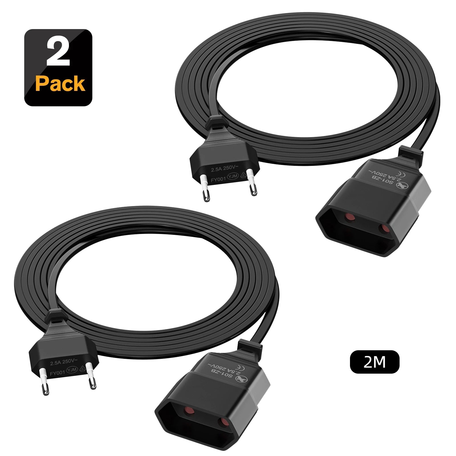 2pcs 1m Euro Plug Power Extension Cable - High-Quality 2.5A/250V Cord - 12