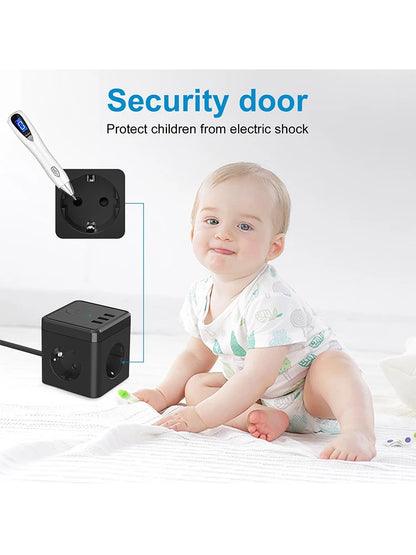 6-in-1 Cube Power Strip with 3 USB Ports & 2m Extension Cord - EU Plug