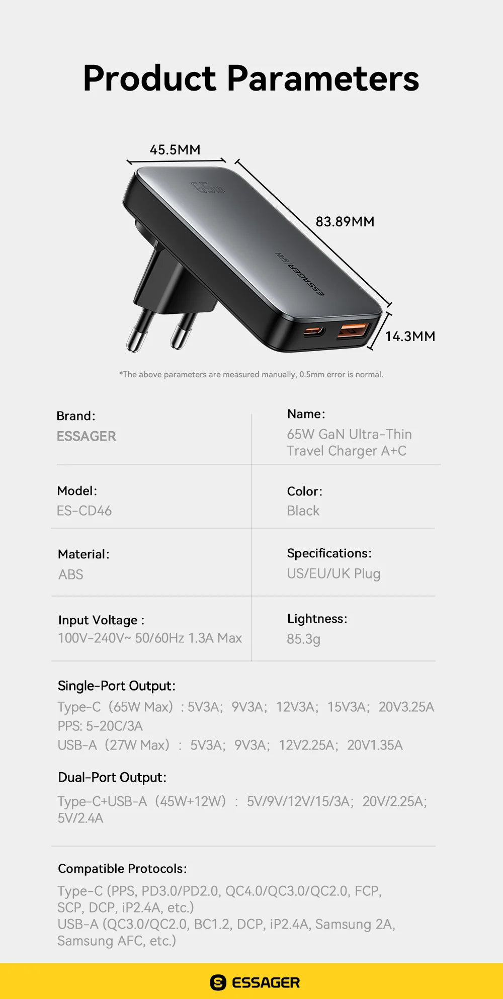 65W Ultra-Thin GaN Fast Travel Charger - PD 3.0 Dual-Port Wall Adapter - 18