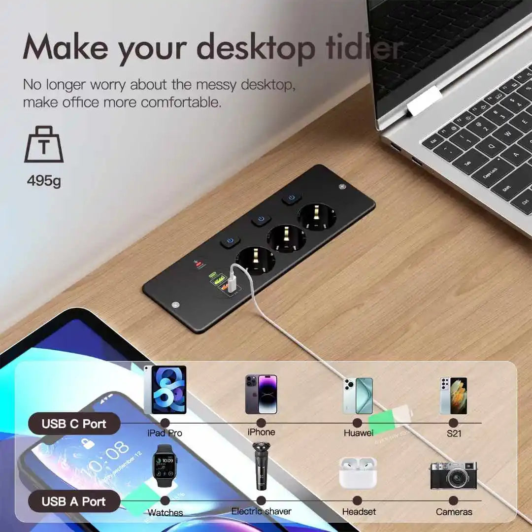EU Desktop Power Strip with 5 AC Sockets & 4 USB Ports - 3250W Fast Charge