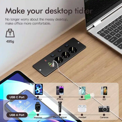 EU Desktop Power Strip with 5 AC Sockets & 4 USB Ports - 3250W Fast Charge