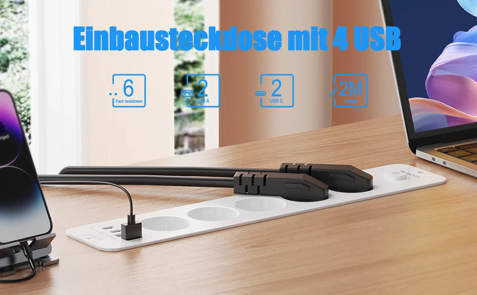 Retractable Desktop Power Strip with 4/6 AC Outlets, USB-C & PD 20W Fast Charge - 9