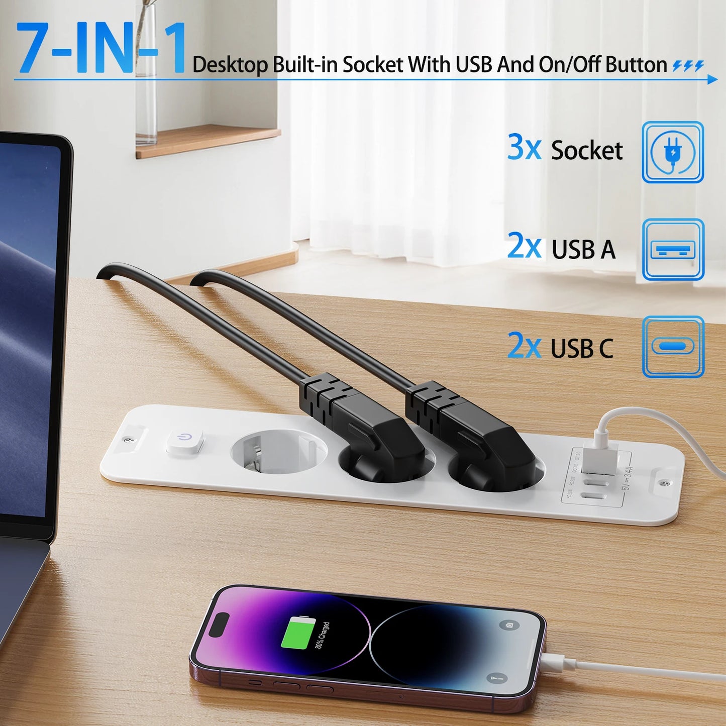 7-in-1 Ultra-Thin Desktop Power Strip with 20W USB-C Fast Charging