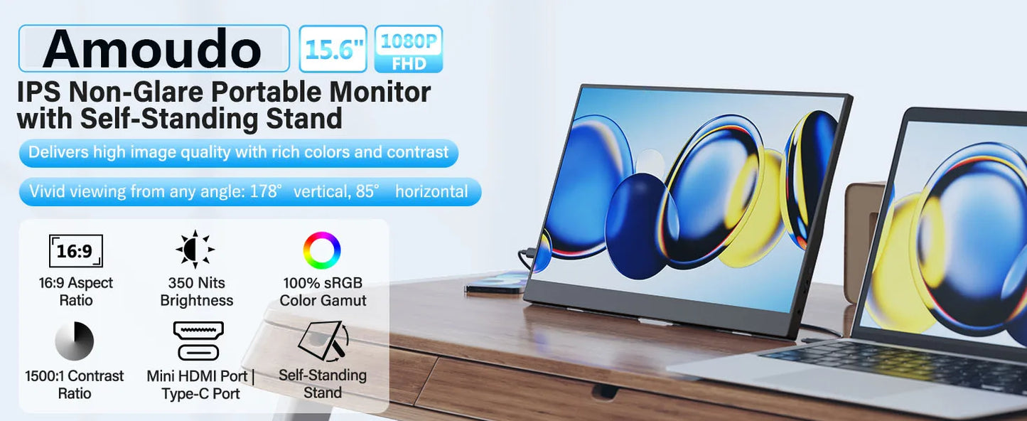 15.6" Portable FHD 1080P Monitor - Slim IPS USB-C & HDMI Travel Display