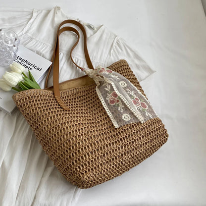 Lace Woven Straw Tote