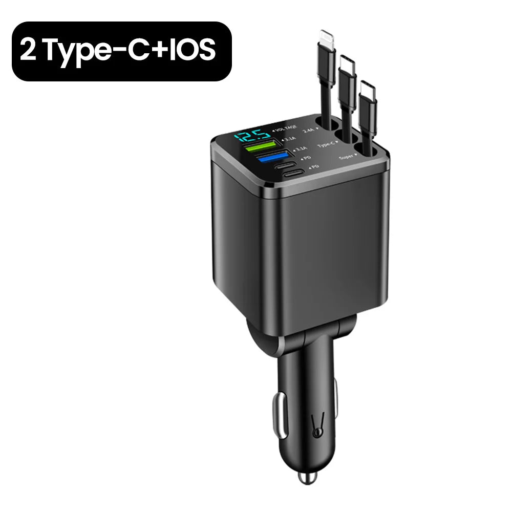 7-in-1 Retractable Fast Car Charger with Digital Display - 120W PD Adapter - 23