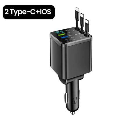 7-in-1 Retractable Fast Car Charger with Digital Display - 120W PD Adapter