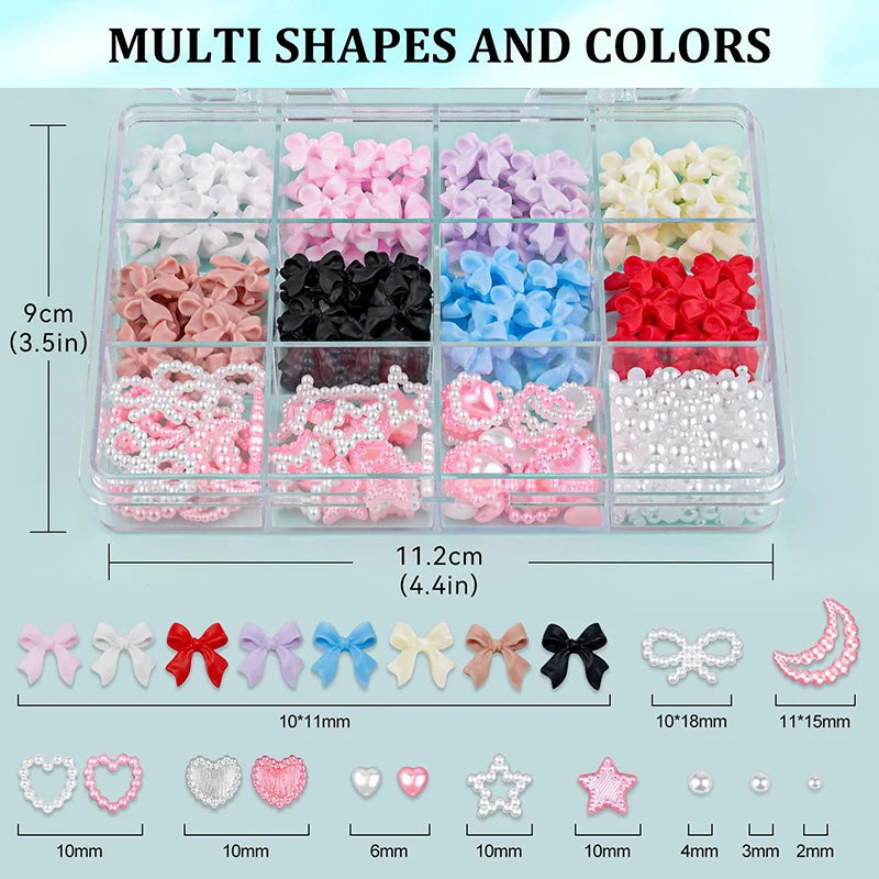 3D Mixed Nail Art Decoration Set - Acrylic Bows, Flowers & Pearl Charms - 13