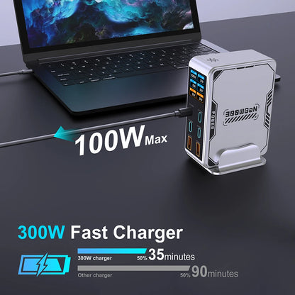 300W GaN 6-Port Desktop Fast Charger Station with Digital Display