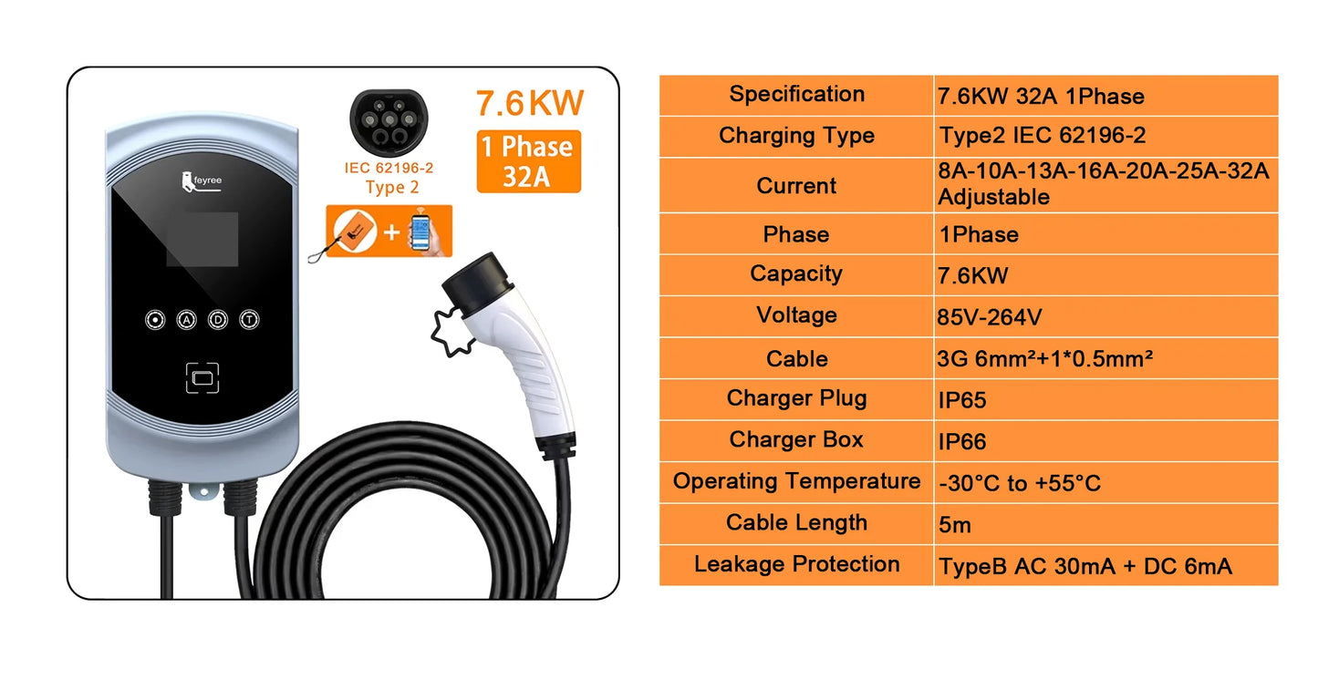 Smart EV Wallbox Charger - 22KW Type 2 Electric Vehicle Charging Station
