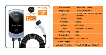 Smart EV Wallbox Charger - 22KW Type 2 Electric Vehicle Charging Station
