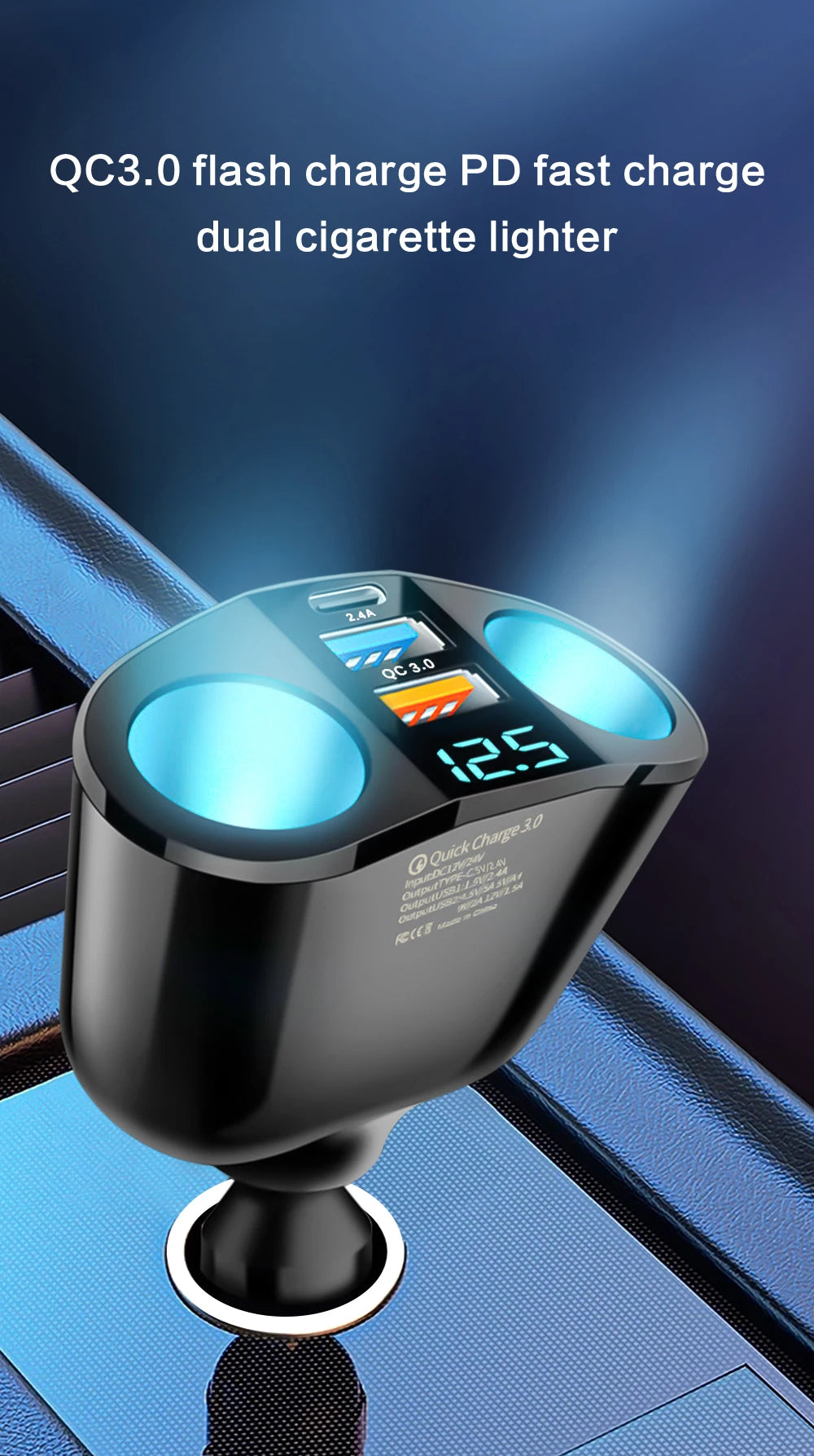 Dual-Port Fast Car Charger Adapter with Real-Time Digital Display - 9