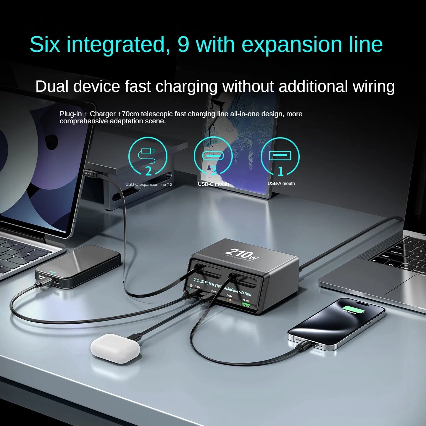 6-in-1 Retractable Fast Charging Station 210W USB-C Desktop Power Hub - 3